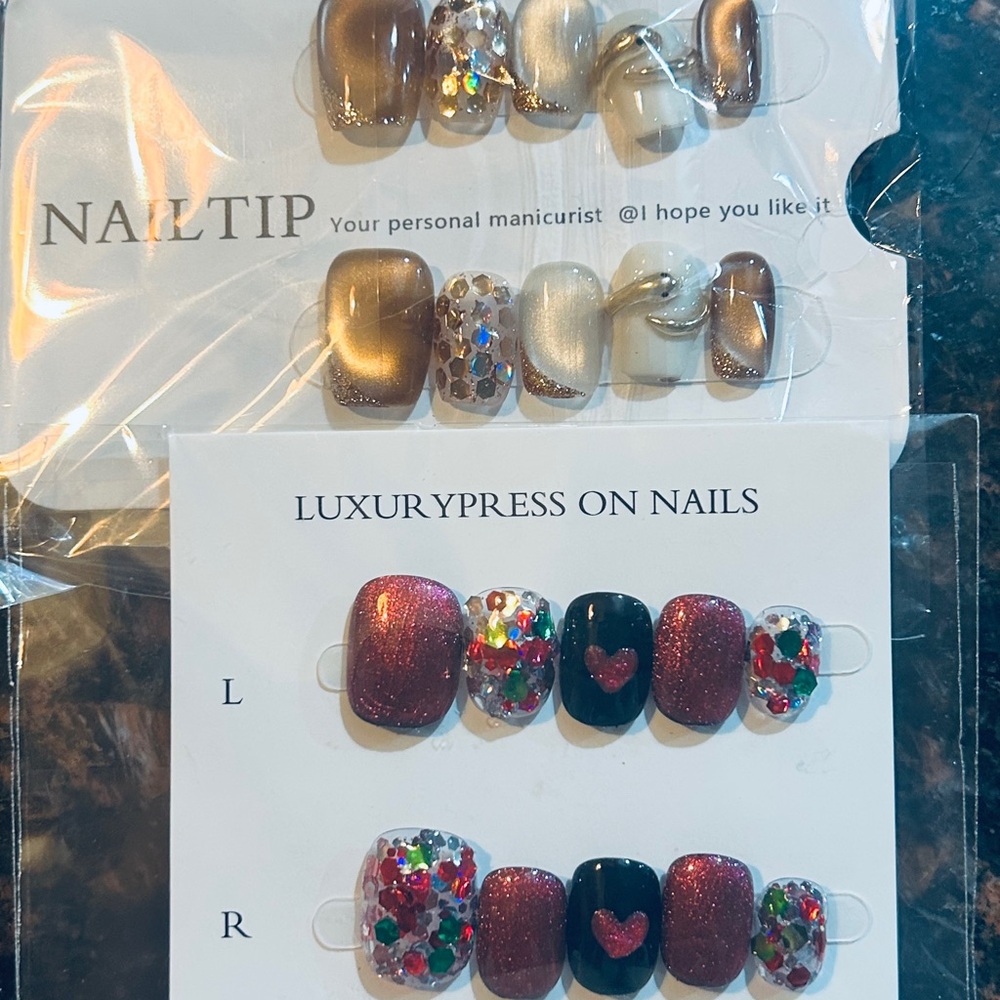 2 sets Elegant Nail Art Handmade Nails Set Rhinestone Jewels press on Rewear New